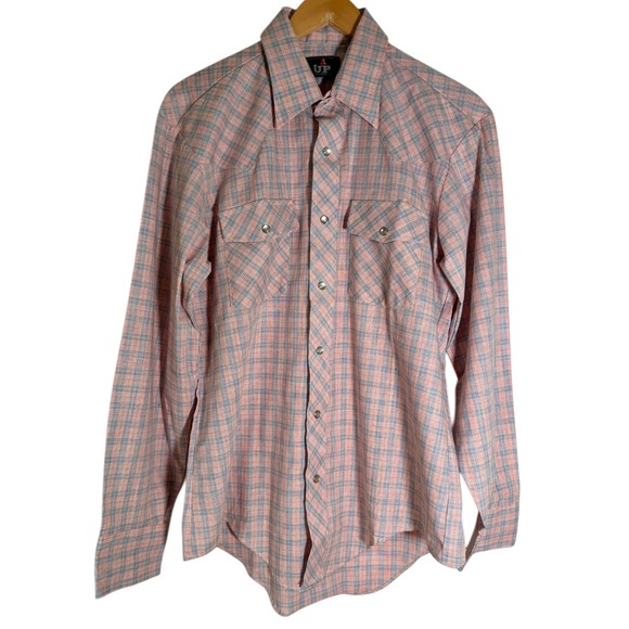 1 Up Other - Vintage 70's 1 UP Men's Plaid Long Sleeve Pearl Snap‎ Shirt Pink Blue Large